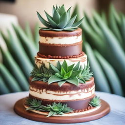 A three-tiered cake designed for a man, decorated with aloe plants