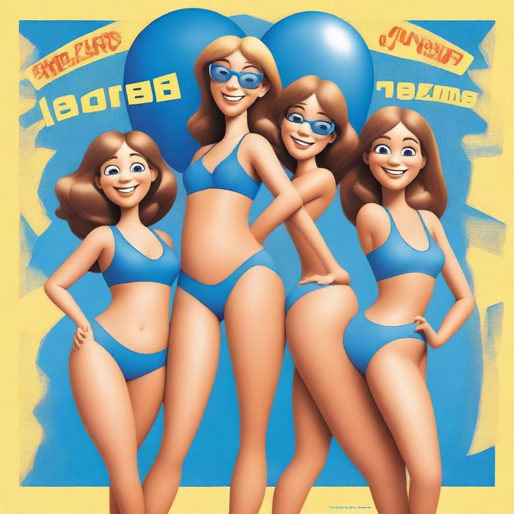 Create a Pixar-style movie poster titled 'Balloon Sisters' featuring four beautiful girls in blue swimsuits