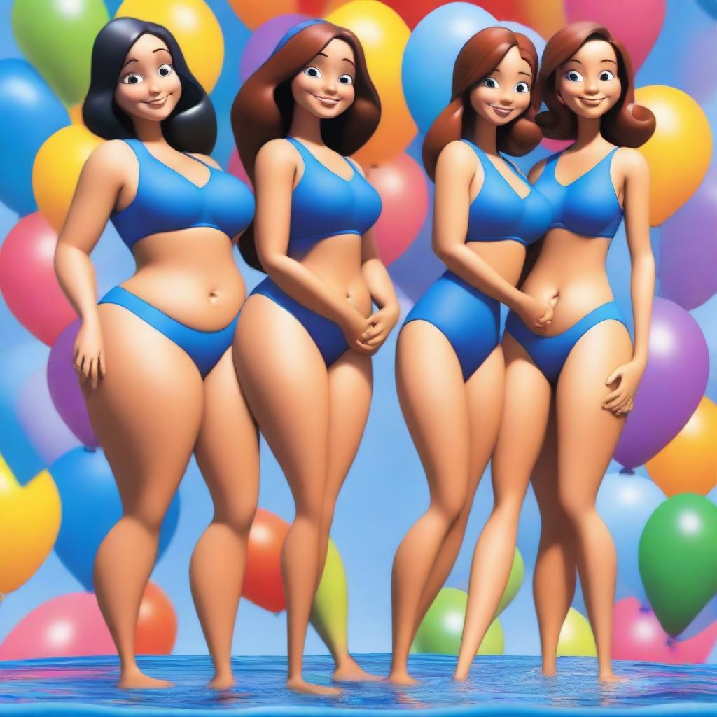 Create a Pixar-style movie poster titled 'Balloon Sisters' featuring four beautiful girls in blue swimsuits