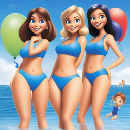 Create a Pixar-style movie poster titled 'Balloon Sisters' featuring four beautiful girls in blue swimsuits