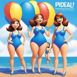 Create a Pixar-style movie poster titled 'Balloon Sisters' featuring four beautiful girls in blue swimsuits