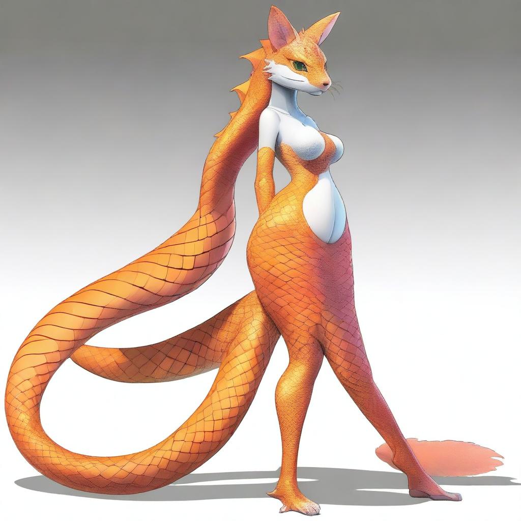 A 5ft tall female character with orange scales covering her entire body except for her face, feet, hands, and the tip of her tail which are white