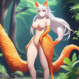 A 5ft tall female character with orange scales covering her entire body except for her face, feet, hands, and the tip of her tail which are white