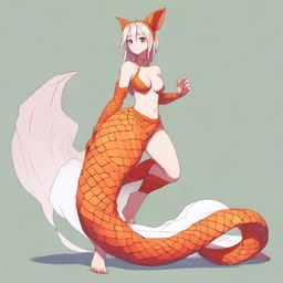 A 5ft tall female character with orange scales covering her entire body except for her face, feet, hands, and the tip of her tail which are white