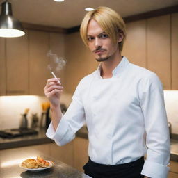 A real-life interpretation of Sanji from One Piece. A stylish, slender man with blond hair and a goatee, dressed as a modern professional chef, nonchalantly lighting a cigarette in a bustling, high-end kitchen.