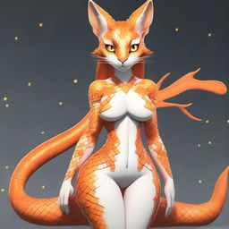 A 5ft tall female character with orange scales covering her entire body except for her face, feet, hands, and the tip of her tail which are white