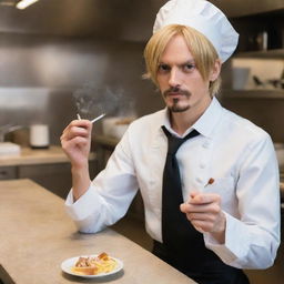 A real-life interpretation of Sanji from One Piece. A stylish, slender man with blond hair and a goatee, dressed as a modern professional chef, nonchalantly lighting a cigarette in a bustling, high-end kitchen.