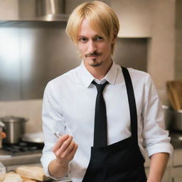 A real-life interpretation of Sanji from One Piece. A stylish, slender man with blond hair and a goatee, dressed as a modern professional chef, nonchalantly lighting a cigarette in a bustling, high-end kitchen.