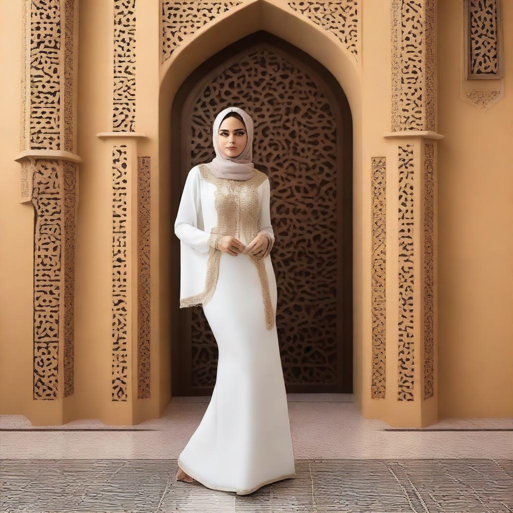 A slim Arabic woman with an attractive figure, dressed in traditional yet modern attire that highlights her curves