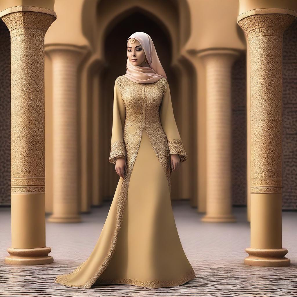 A slim Arabic woman with an attractive figure, dressed in traditional yet modern attire that highlights her curves