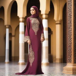 A slim Arabic woman with an attractive figure, dressed in traditional yet modern attire that highlights her curves