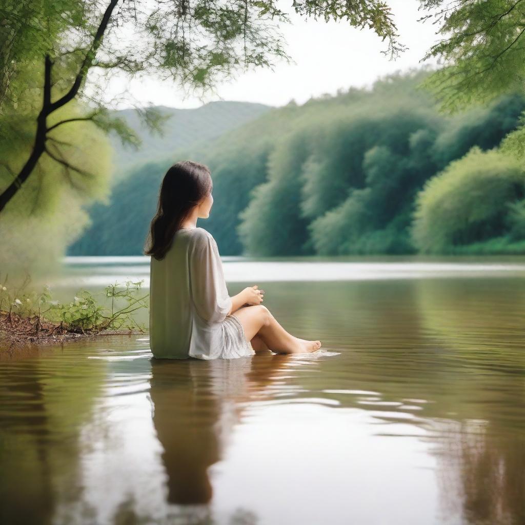 A young woman sitting by the river, enjoying the serene environment