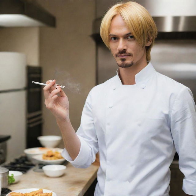 A real-life interpretation of Sanji from One Piece. A stylish, slender man with blond hair and a goatee, dressed as a modern professional chef, nonchalantly lighting a cigarette in a bustling, high-end kitchen.