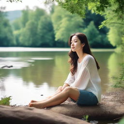 A young woman sitting by the river, enjoying the serene environment