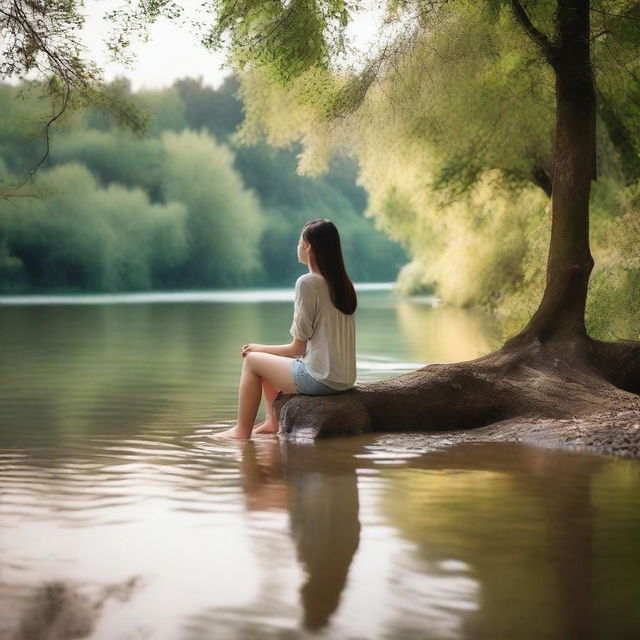 A young woman sitting by the river, enjoying the serene environment