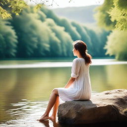 A young woman sitting by the river, enjoying the serene environment