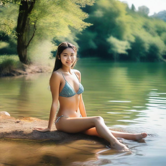 A young girl in a bikini sitting by the river on a sunny day