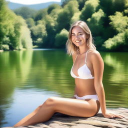 A young white girl in a bikini sitting by the river on a sunny day