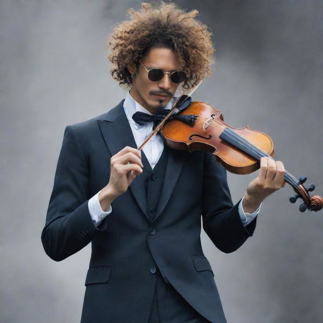 A real life interpretation of Brook from One Piece. A tall, skinny man in a classy suit, with wild, untamed hair and sunglasses, passionately playing a violin on a misty old-time jazz stage.