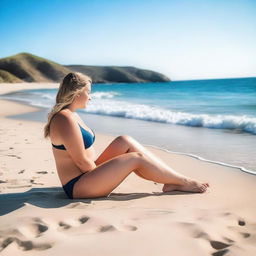 A white girl with curves in a bikini sitting by the ocean on a sunny day