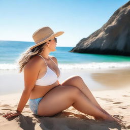 A white girl with curves in a bikini sitting by the ocean on a sunny day