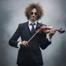 A real life interpretation of Brook from One Piece. A tall, skinny man in a classy suit, with wild, untamed hair and sunglasses, passionately playing a violin on a misty old-time jazz stage.