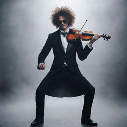 A real life interpretation of Brook from One Piece. A tall, skinny man in a classy suit, with wild, untamed hair and sunglasses, passionately playing a violin on a misty old-time jazz stage.