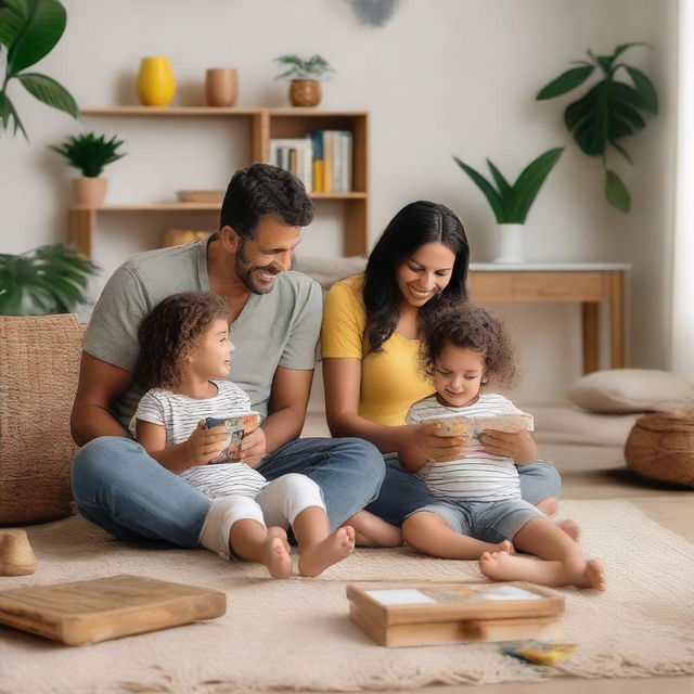 A Brazilian family playing with their children at home