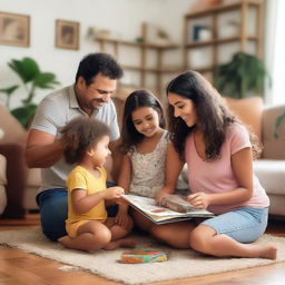 A Brazilian family playing with their children at home