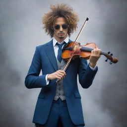 A real life interpretation of Brook from One Piece. A tall, skinny man in a classy suit, with wild, untamed hair and sunglasses, passionately playing a violin on a misty old-time jazz stage.