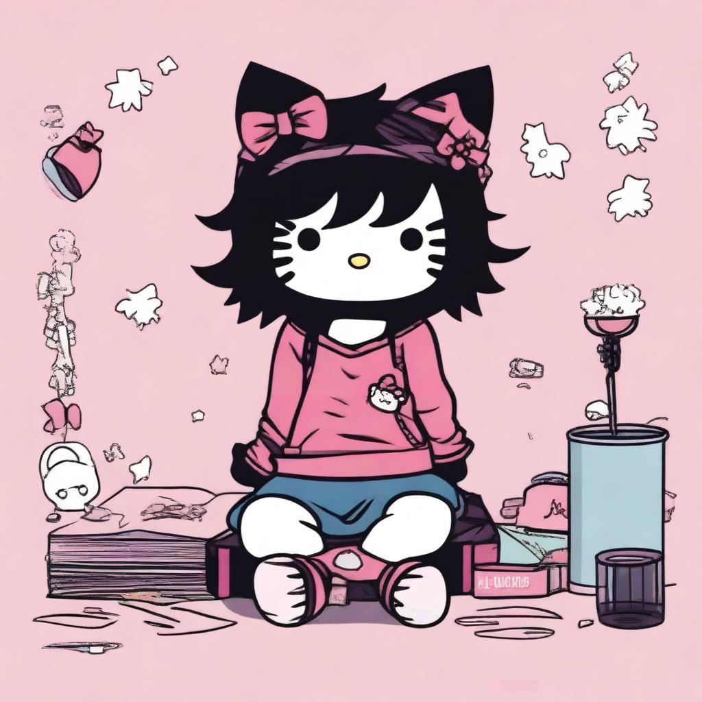 A depiction of Hello Kitty sitting down, featuring black messy hair and dressed in alternative clothing