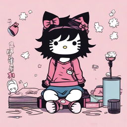 A depiction of Hello Kitty sitting down, featuring black messy hair and dressed in alternative clothing