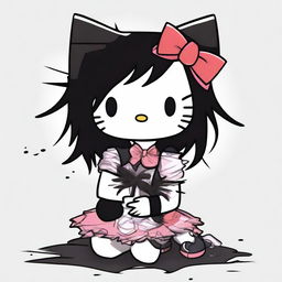 A depiction of Hello Kitty sitting down, featuring black messy hair and dressed in alternative clothing