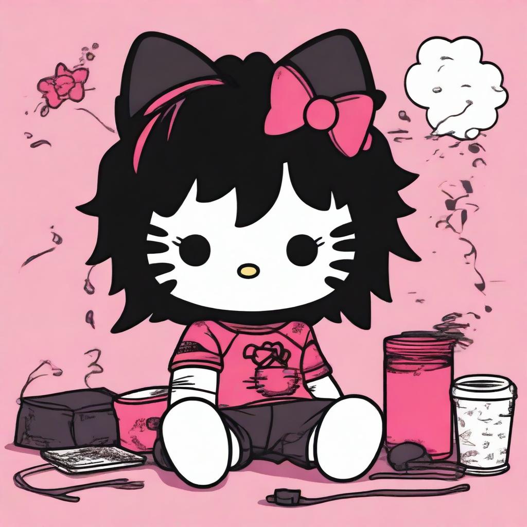 A depiction of Hello Kitty sitting down, featuring black messy hair and dressed in alternative clothing