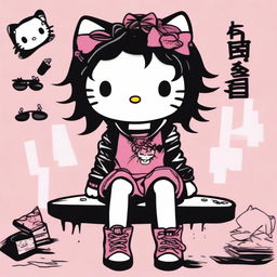 A depiction of Hello Kitty sitting down, featuring black messy hair and dressed in alternative clothing