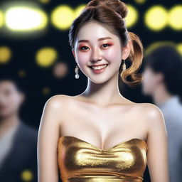 A photorealistic image of a 23-year-old Korean girl with gold, medium-length wavy hair, styled in a bun head