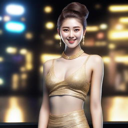 A photorealistic image of a 23-year-old Korean girl with gold, medium-length wavy hair, styled in a bun head