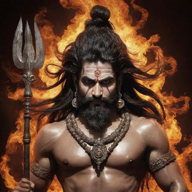 The Indian god Mahadev depicted in a powerful and angry state. His eyes burning with fury, adorned with traditional ornaments and holding a Trishul (trident).