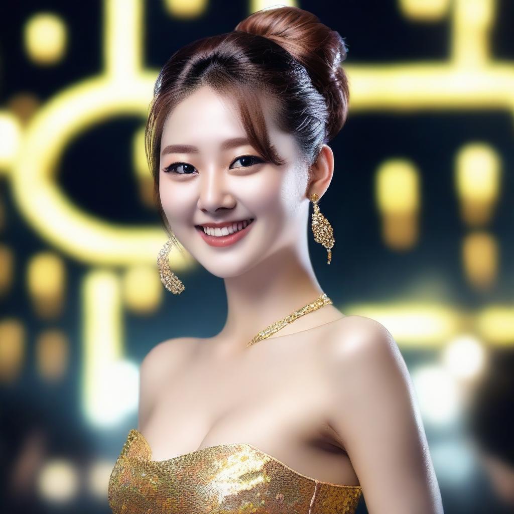 A photorealistic image of a 23-year-old Korean girl with gold, medium-length wavy hair, styled in a bun head