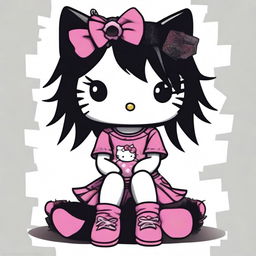 A depiction of Hello Kitty sitting down, featuring black messy hair and dressed in alternative clothing