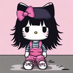 A depiction of Hello Kitty sitting down, featuring black messy hair and dressed in alternative clothing