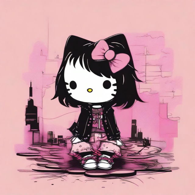 A depiction of Hello Kitty sitting down, featuring black messy hair and dressed in alternative clothing