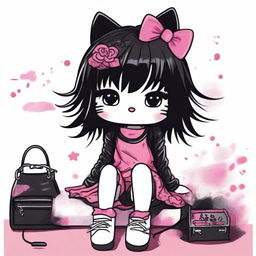 A depiction of Hello Kitty sitting down, featuring black messy hair and dressed in alternative clothing