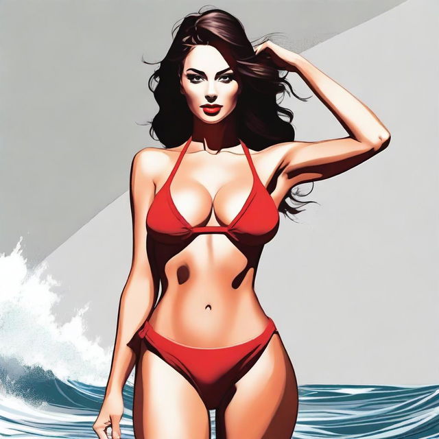 Create an image of a woman wearing a red bikini with larger breasts