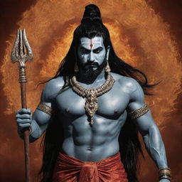 The Indian god Mahadev depicted in a powerful and angry state. His eyes burning with fury, adorned with traditional ornaments and holding a Trishul (trident).