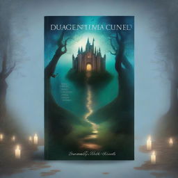 A captivating book cover featuring an enchanted forest with a mysterious glowing path leading to an ancient castle