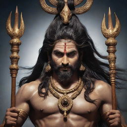 The Indian god Mahadev depicted in a powerful and angry state. His eyes burning with fury, adorned with traditional ornaments and holding a Trishul (trident).