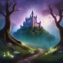 A captivating book cover featuring an enchanted forest with a mysterious glowing path leading to an ancient castle