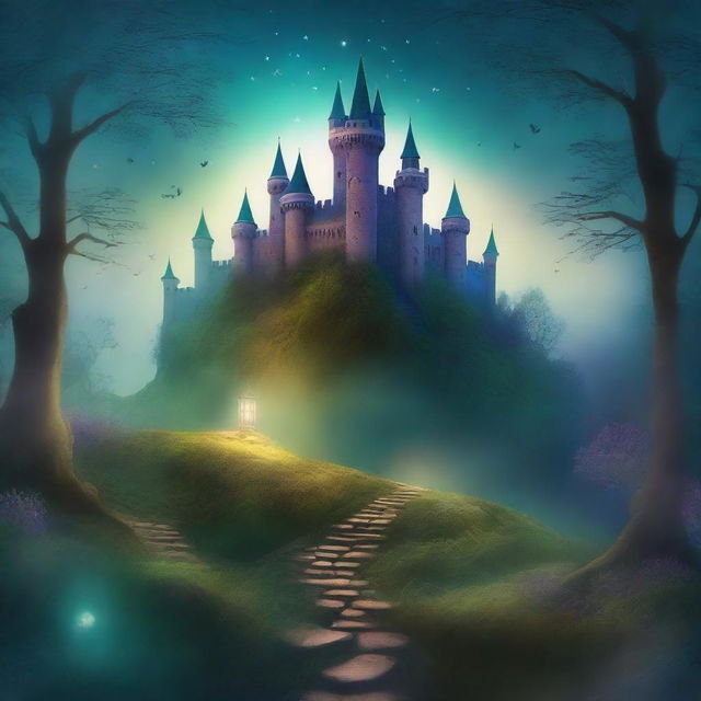 A captivating book cover featuring an enchanted forest with a mysterious glowing path leading to an ancient castle