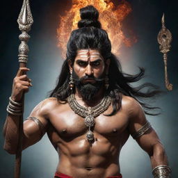 The Indian god Mahadev depicted in a powerful and angry state. His eyes burning with fury, adorned with traditional ornaments and holding a Trishul (trident).